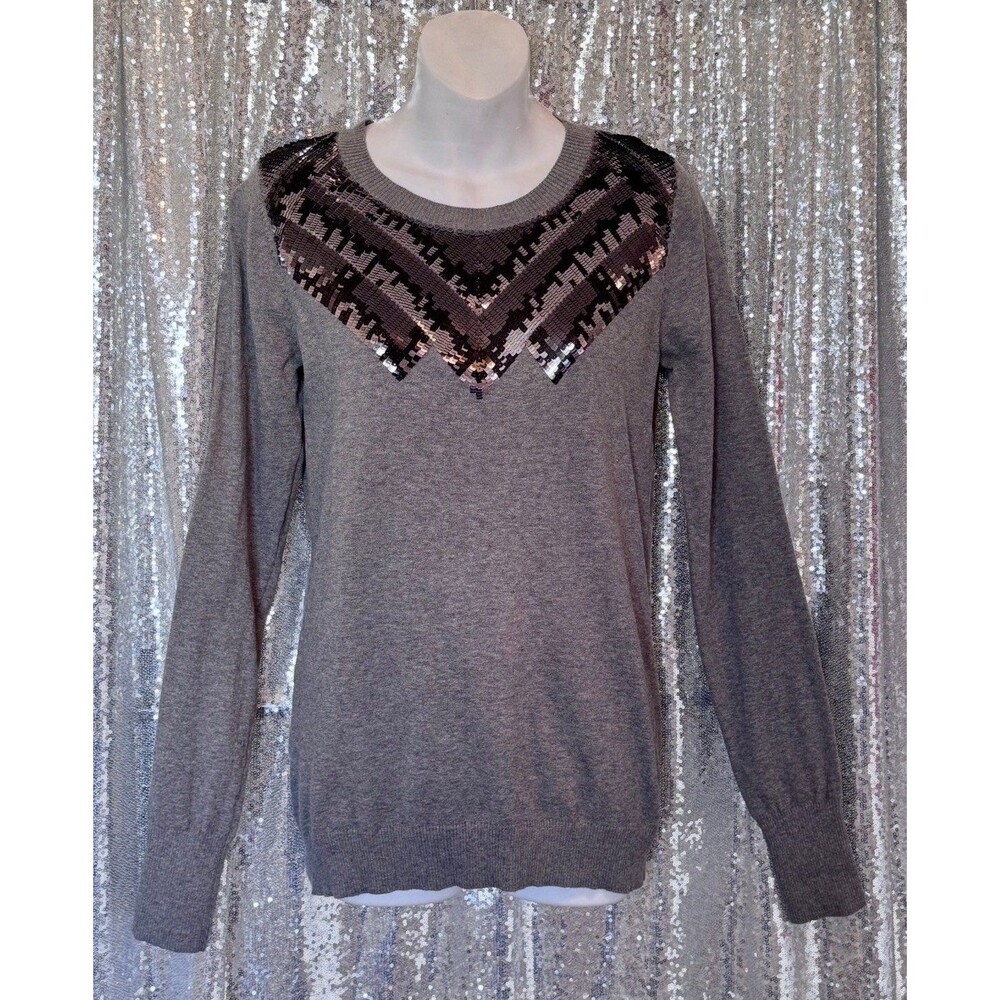 Express Womens Medium Gray Sequin Chevron Embellished Pullover Sweater Knit M